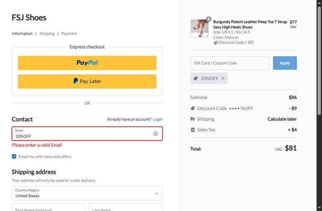 FSJ Shoes checkout page showing FSJ Shoes promo code box | Screenshot taken by SimplyCodes community member on Sep 10, 2025