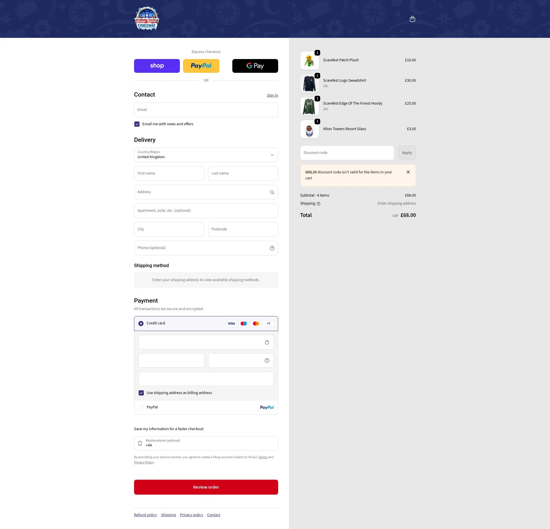 Alton Towers checkout page showing Alton Towers discount code box | Screenshot taken by SimplyCodes community member on Feb 19, 2026