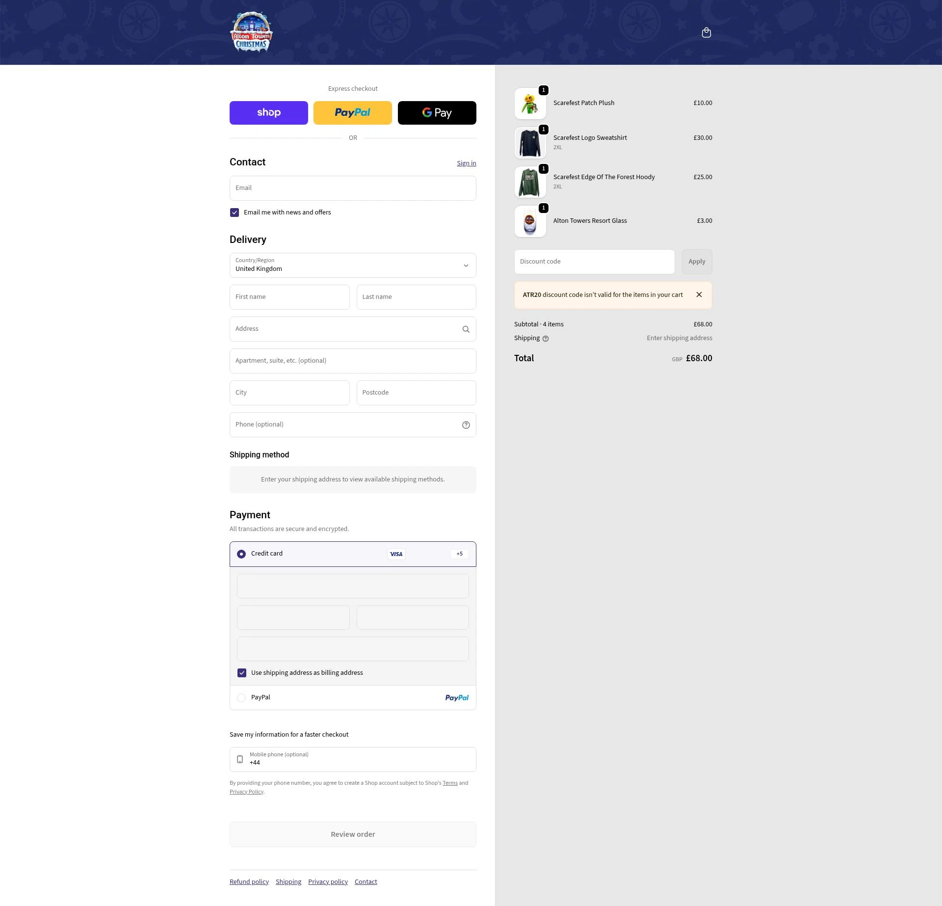 Alton Towers checkout page showing Alton Towers discount code box | Screenshot taken by SimplyCodes community member on Feb 24, 2026