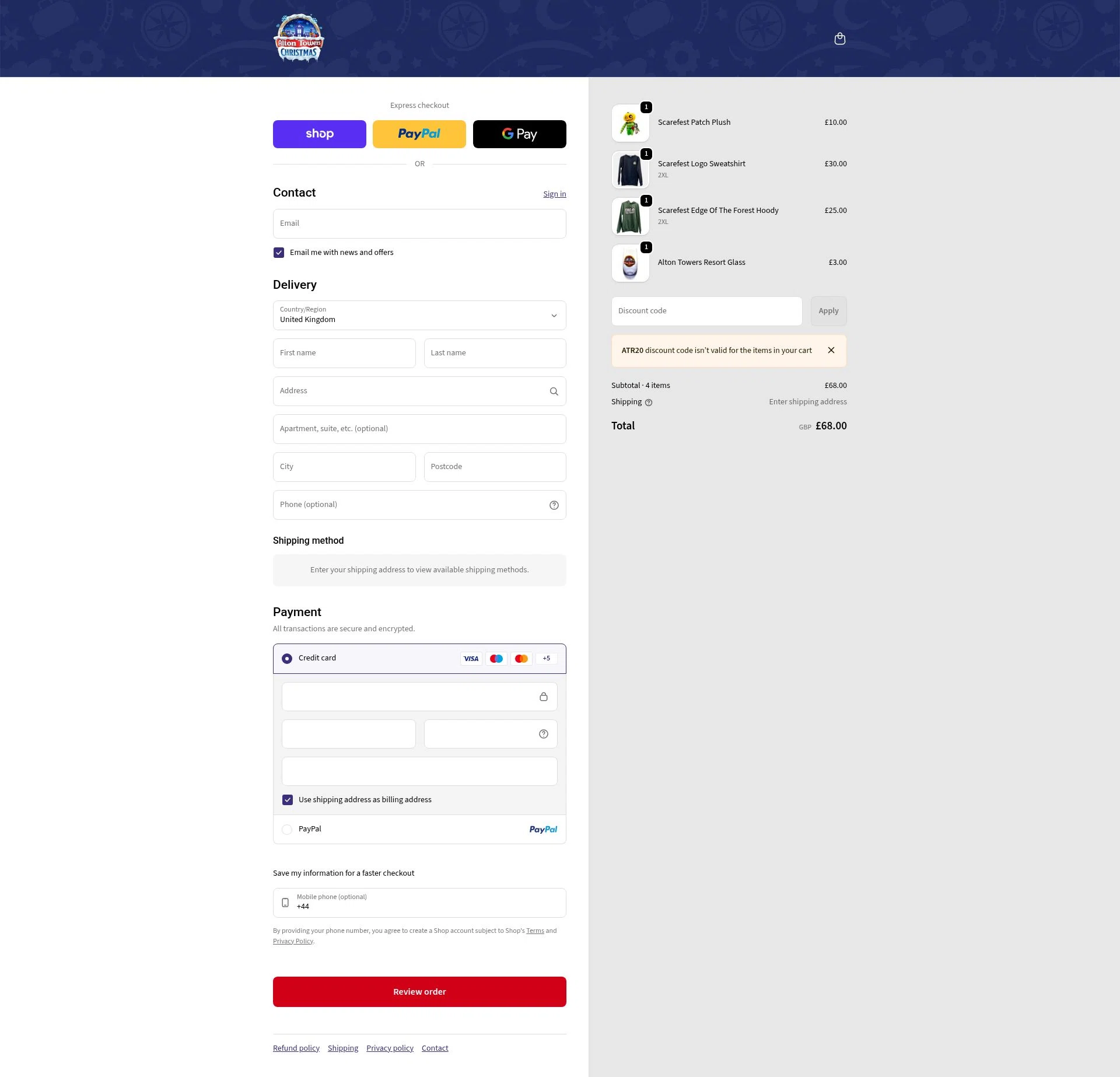 Alton Towers checkout page showing Alton Towers discount code box | Screenshot taken by SimplyCodes community member on Feb 19, 2026
