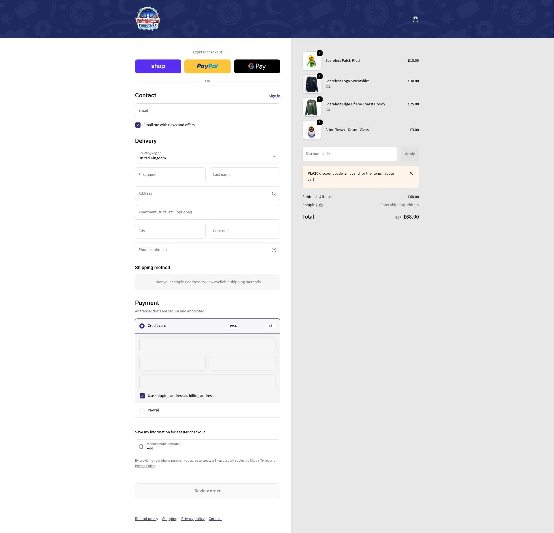 Alton Towers checkout page showing Alton Towers discount code box | Screenshot taken by SimplyCodes community member on Feb 24, 2026