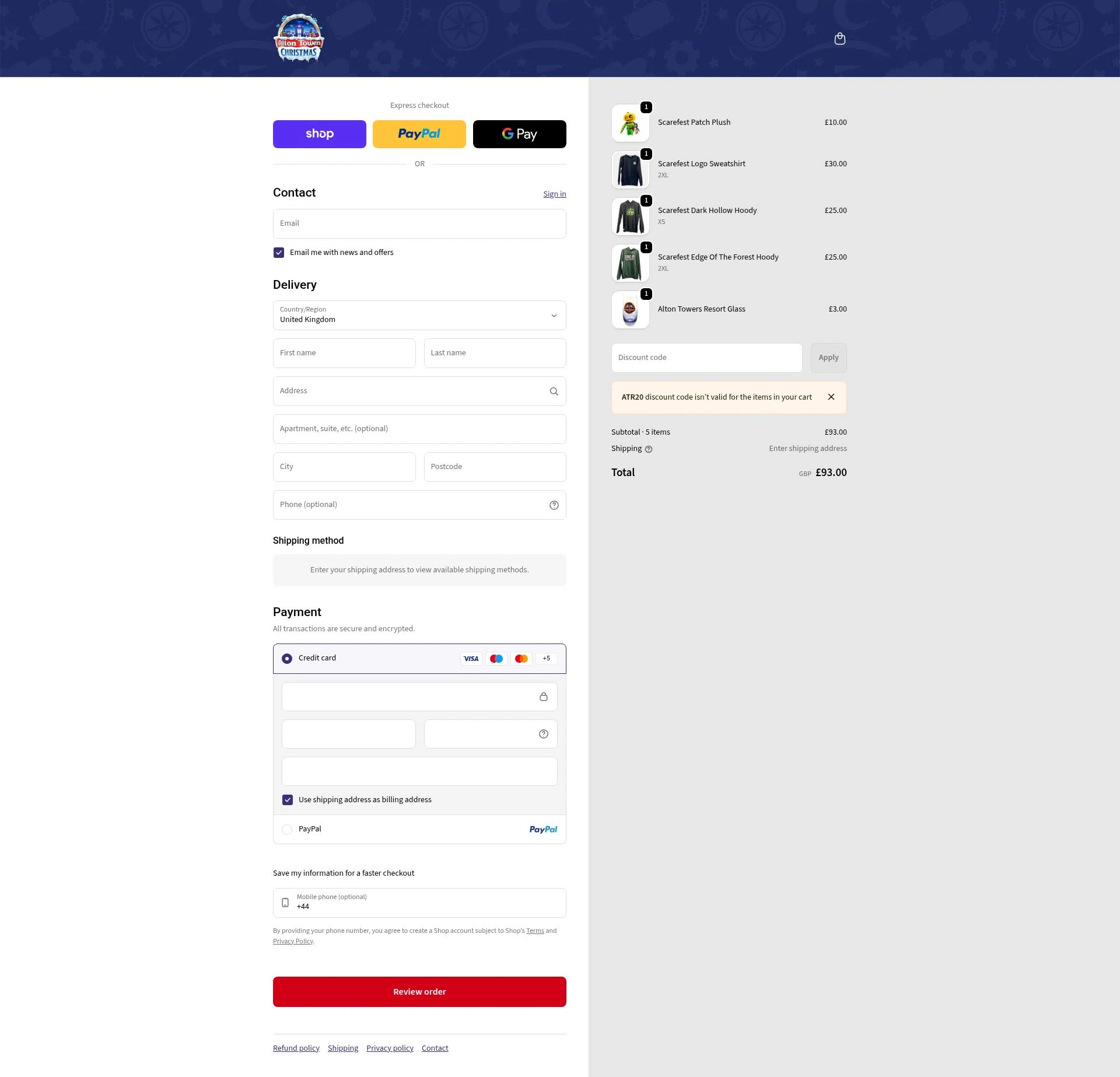 Alton Towers checkout page showing Alton Towers discount code box | Screenshot taken by SimplyCodes community member on Feb 15, 2026