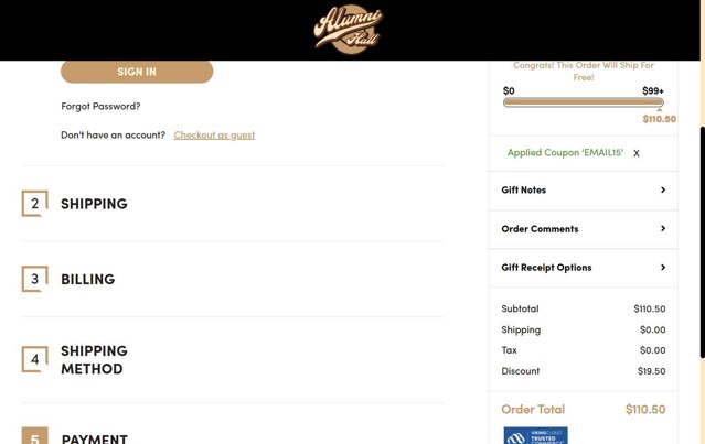 Alumni Hall checkout page showing Alumni Hall discount code box | Screenshot taken by SimplyCodes community member on Aug 6, 2025