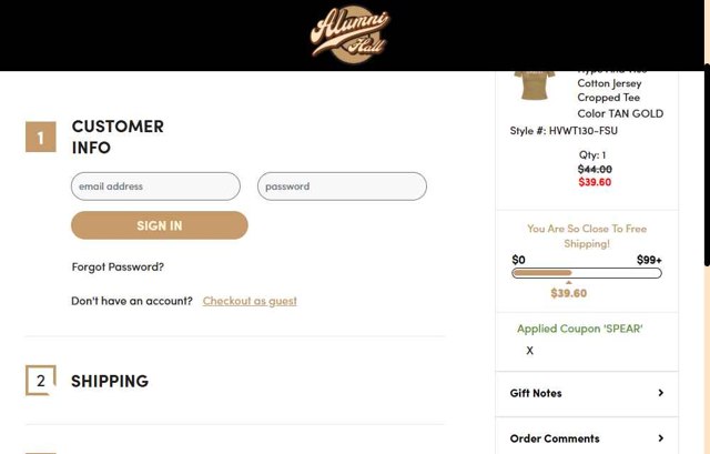 Alumni Hall checkout page showing Alumni Hall discount code box | Screenshot taken by SimplyCodes community member on Aug 6, 2025