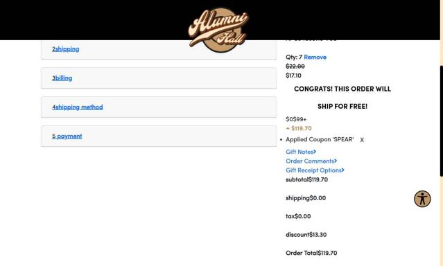 Alumni Hall checkout page showing Alumni Hall discount code box | Screenshot taken by SimplyCodes community member on Aug 31, 2025