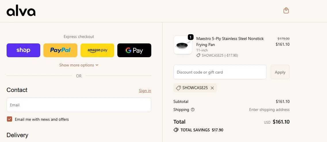 Alva Cookware discount code screenshot showing code SHOWCASE25 applied at Alva Cookware checkout page. Uploaded by SimplyCodes community member WiseTitan5941 on Nov 12, 2025
