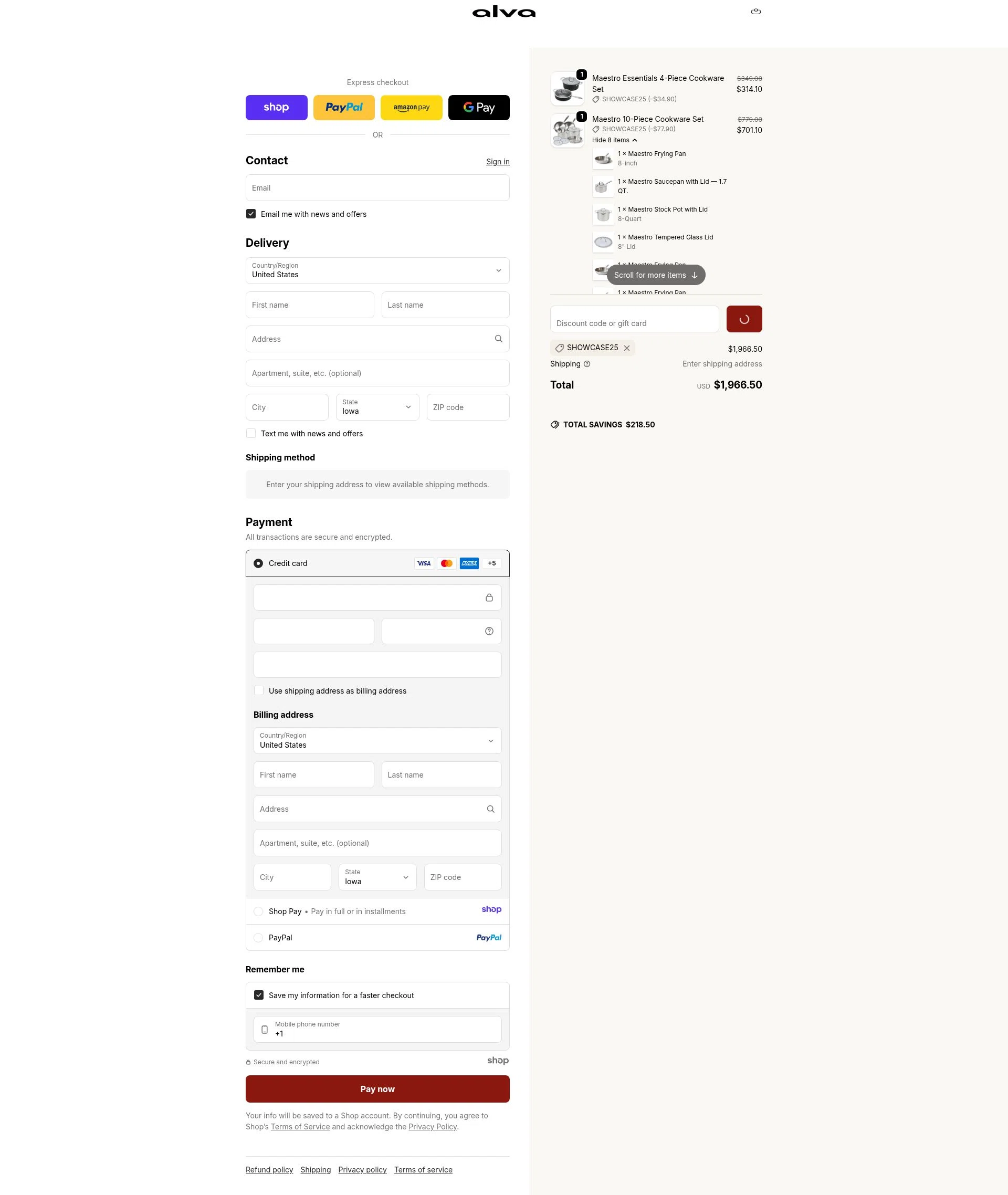 Alva Cookware checkout page showing Alva Cookware discount code box | Screenshot taken by SimplyCodes community member on Jan 11, 2026