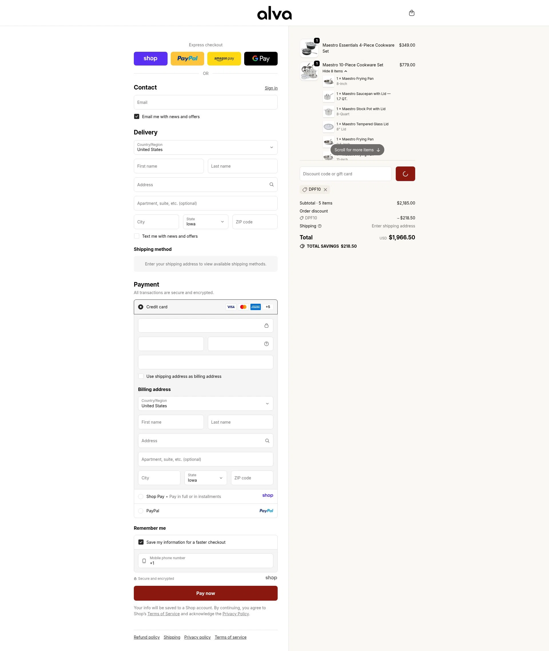 Alva Cookware checkout page showing Alva Cookware discount code box | Screenshot taken by SimplyCodes community member on Jan 11, 2026