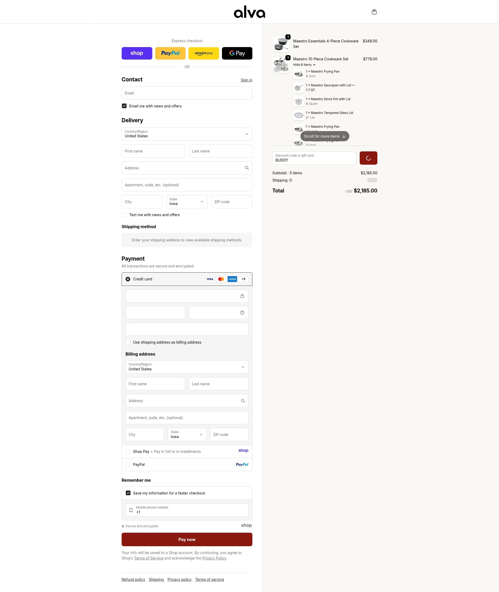 Alva Cookware checkout page showing Alva Cookware discount code box | Screenshot taken by SimplyCodes community member on Jan 11, 2026