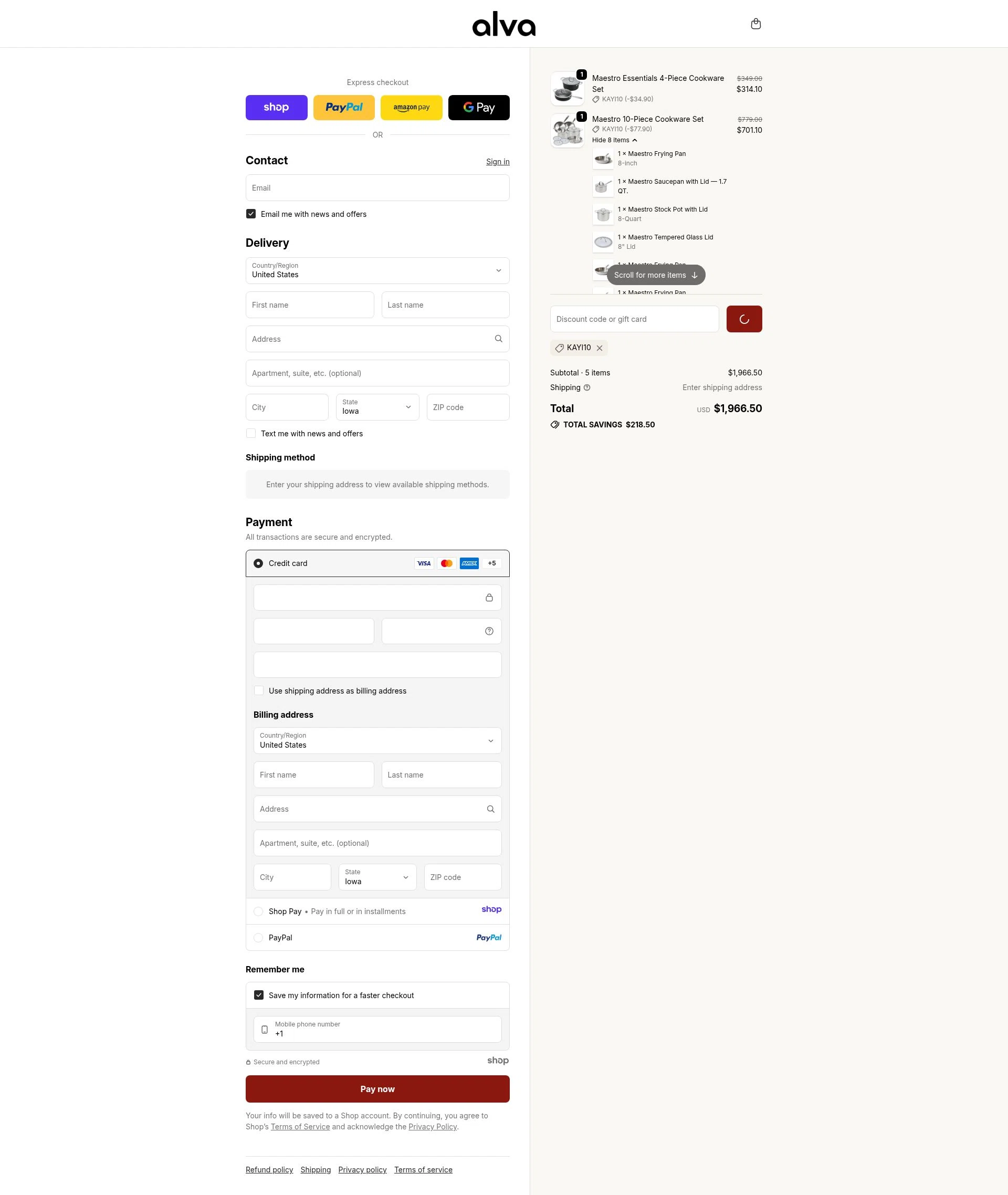 Alva Cookware checkout page showing Alva Cookware discount code box | Screenshot taken by SimplyCodes community member on Jan 11, 2026