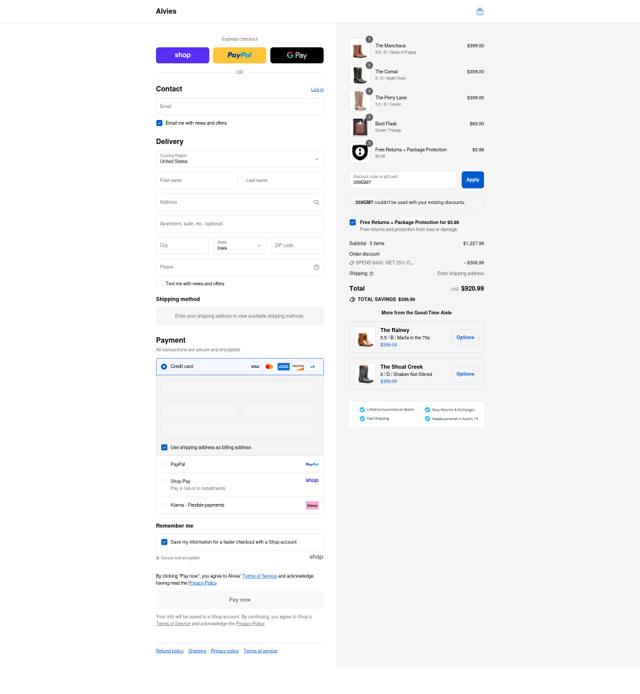 Alvies checkout page showing Alvies discount code box | Screenshot taken by SimplyCodes community member on Sep 9, 2025