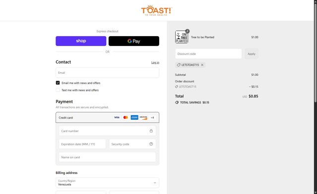 Toast! checkout page showing Toast! promo code box | Screenshot taken by SimplyCodes community member on Sep 6, 2025