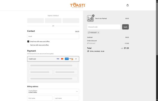 Toast! checkout page showing Toast! promo code box | Screenshot taken by SimplyCodes community member on Sep 5, 2025