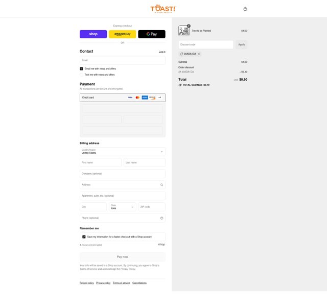 Toast! checkout page showing Toast! promo code box | Screenshot taken by SimplyCodes community member on Sep 6, 2025