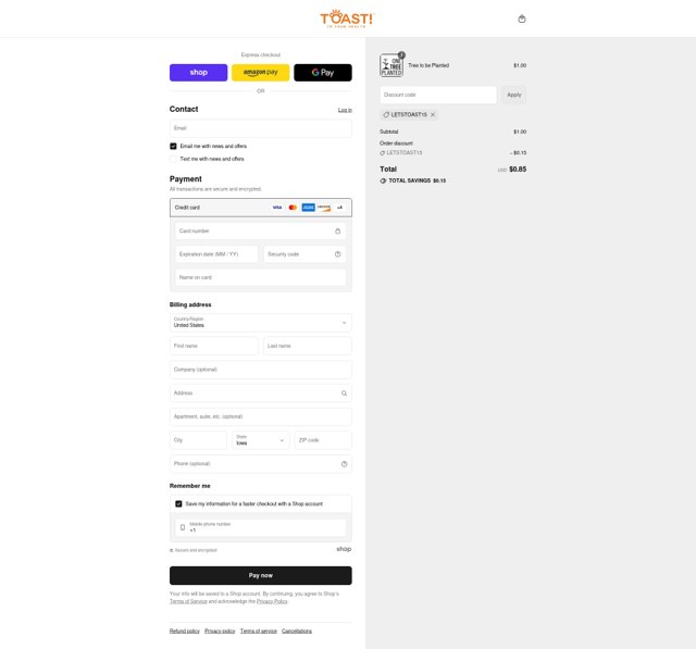 Toast! checkout page showing Toast! promo code box | Screenshot taken by SimplyCodes community member on Sep 2, 2025