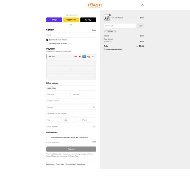 Toast! checkout page showing Toast! promo code box | Screenshot taken by SimplyCodes community member on Sep 4, 2025