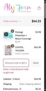 Aly Jean Boutique coupon verification screenshot