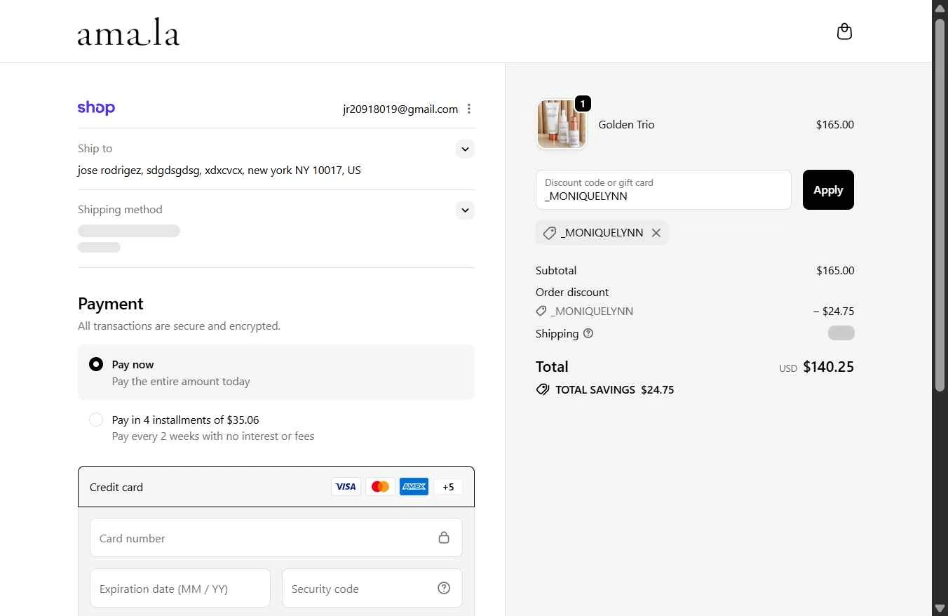 Amala Beauty checkout page showing Amala Beauty coupon code box | Screenshot taken by SimplyCodes community member on Dec 29, 2025