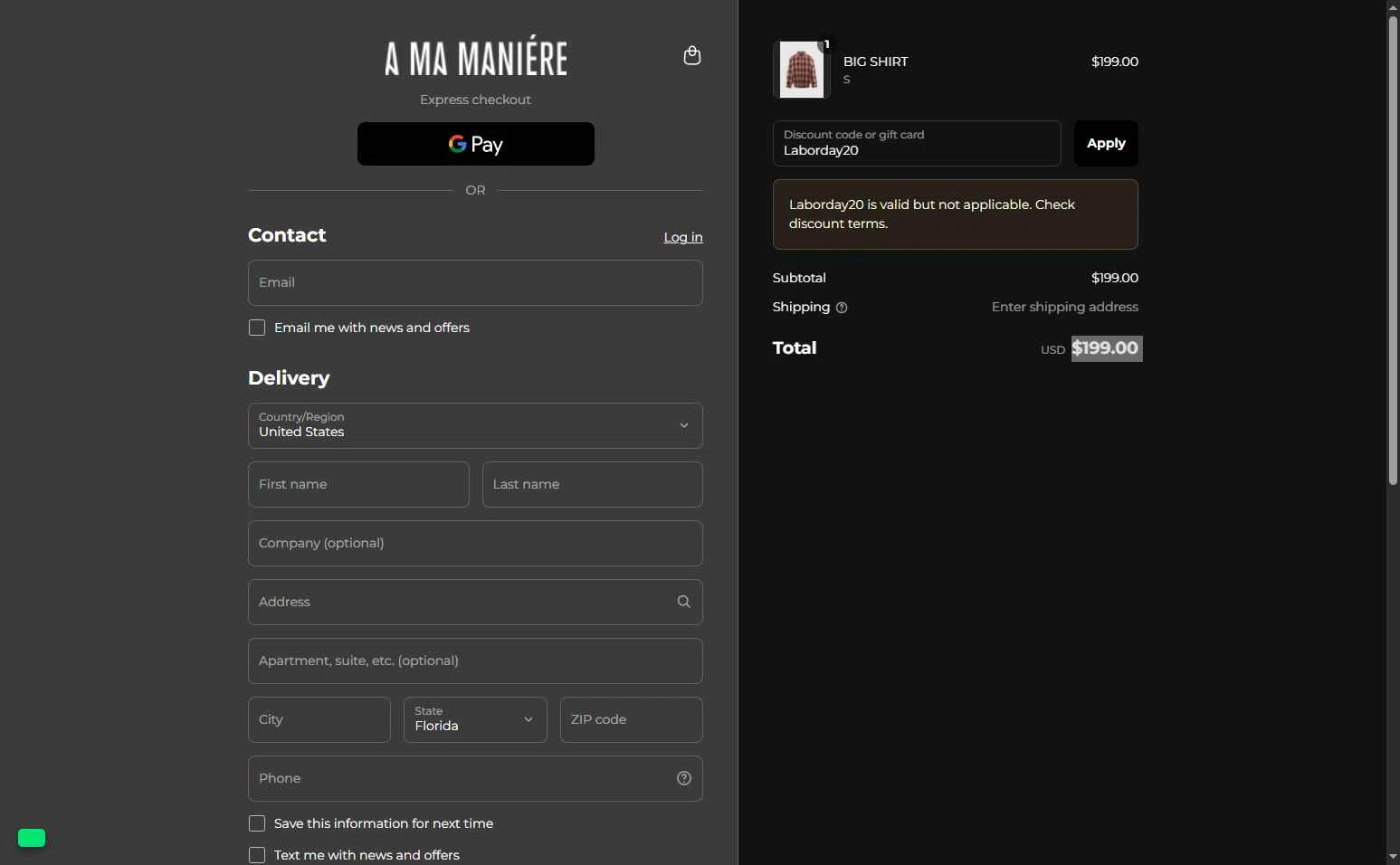 A Ma Maniere checkout page showing A Ma Maniere discount code box | Screenshot taken by SimplyCodes community member on Aug 28, 2025
