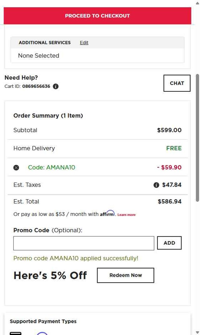 Amana checkout page showing Amana coupon code box | Screenshot taken by SimplyCodes community member on Aug 6, 2025