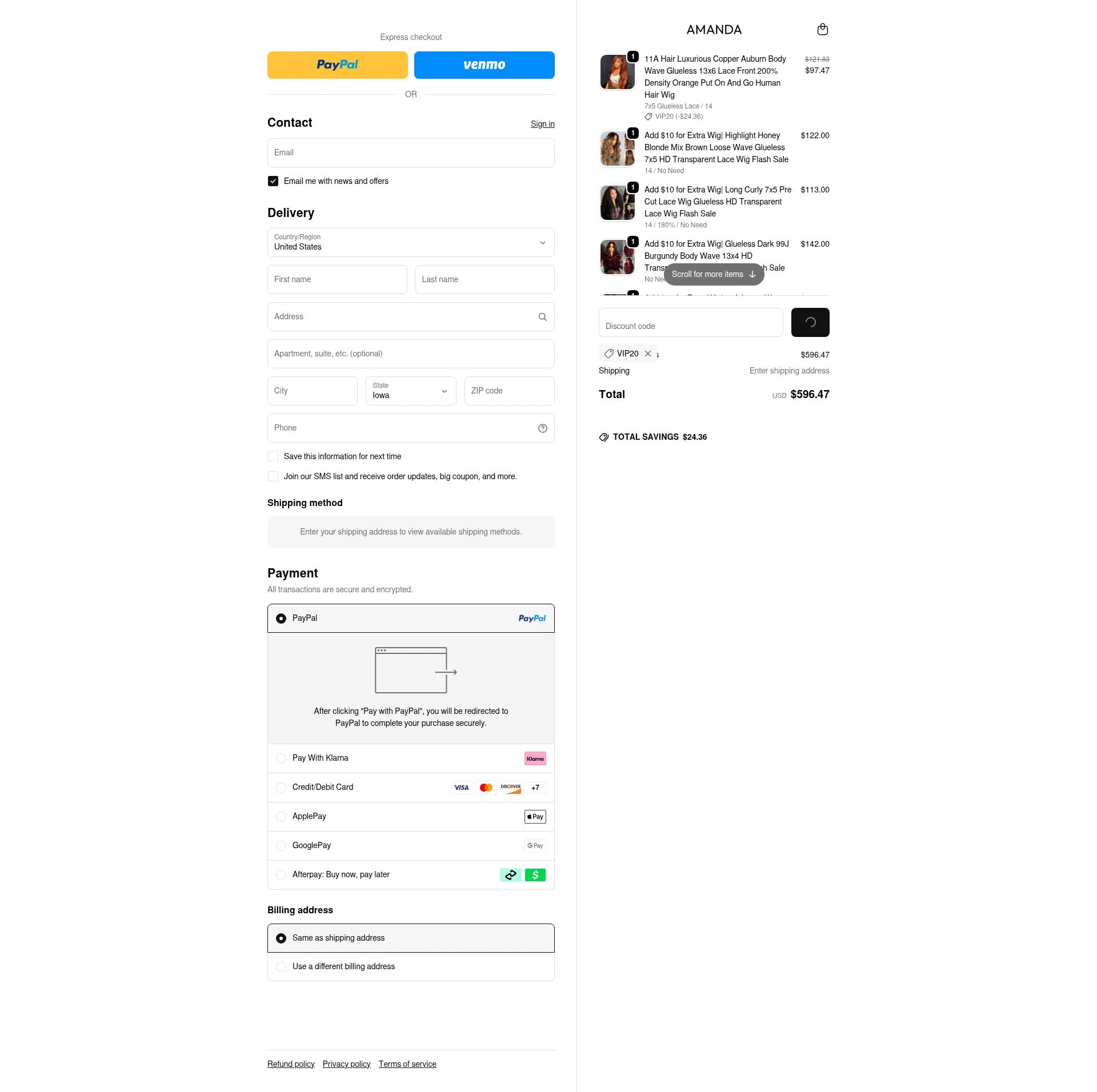 amandahairs checkout page showing amandahairs discount code box | Screenshot taken by SimplyCodes community member on Jan 10, 2026