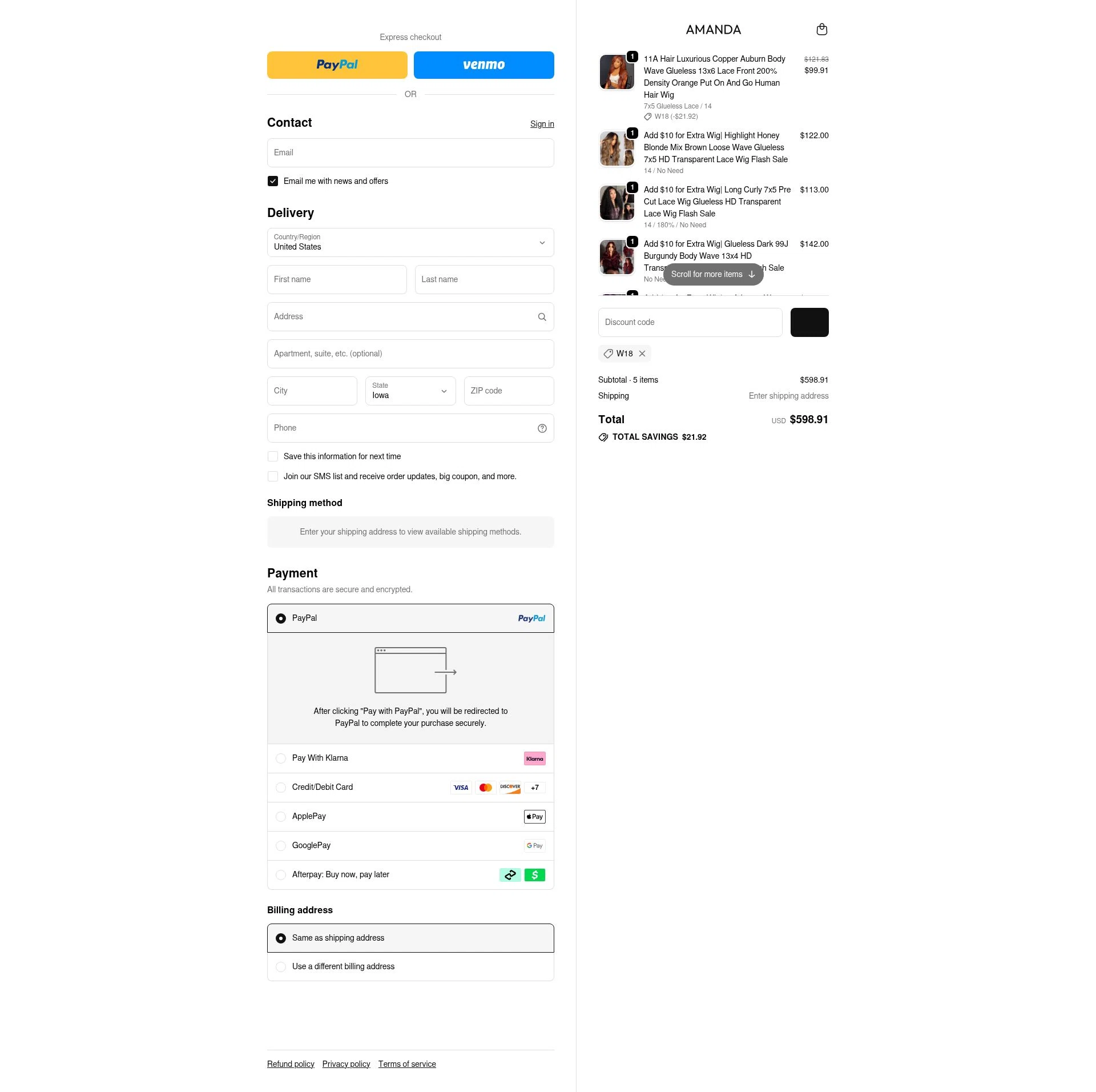 amandahairs checkout page showing amandahairs discount code box | Screenshot taken by SimplyCodes community member on Jan 10, 2026