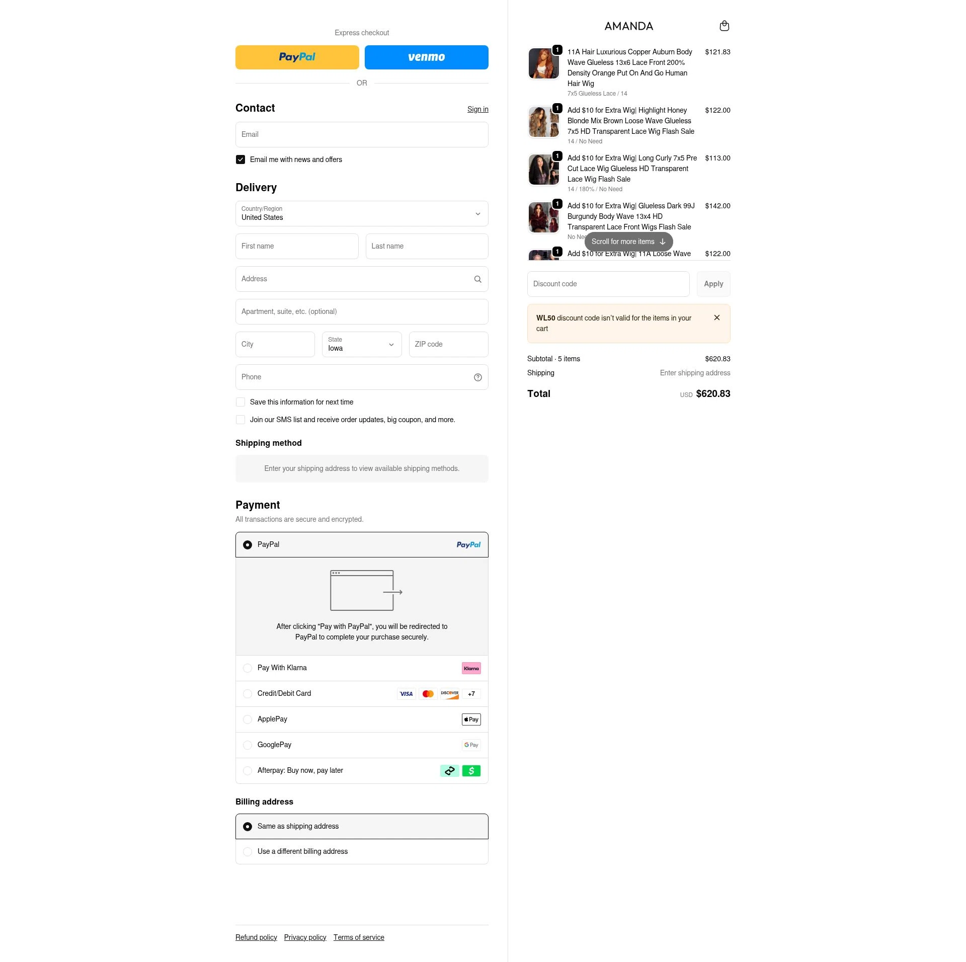 amandahairs checkout page showing amandahairs discount code box | Screenshot taken by SimplyCodes community member on Jan 10, 2026