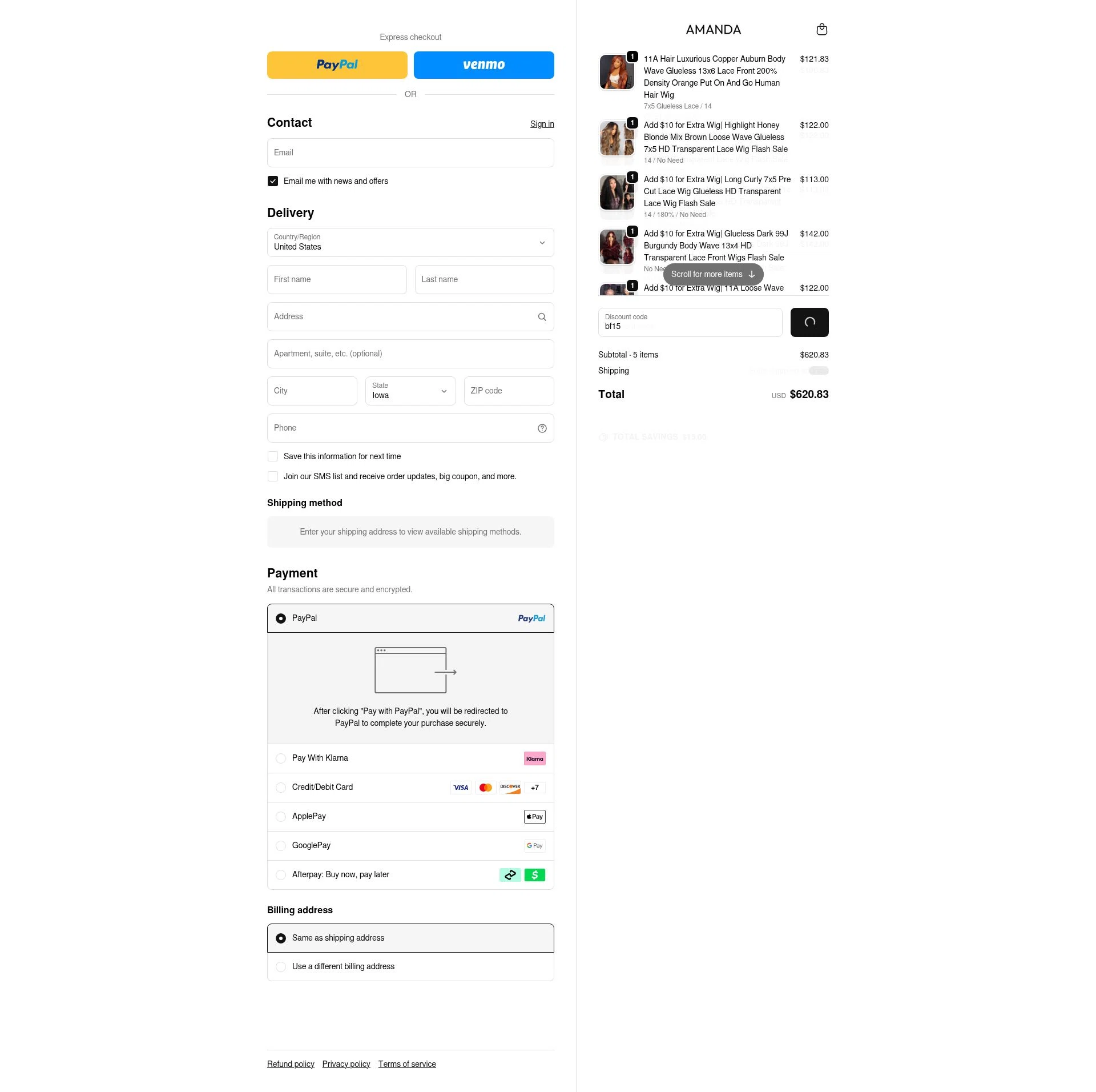 amandahairs checkout page showing amandahairs discount code box | Screenshot taken by SimplyCodes community member on Jan 10, 2026