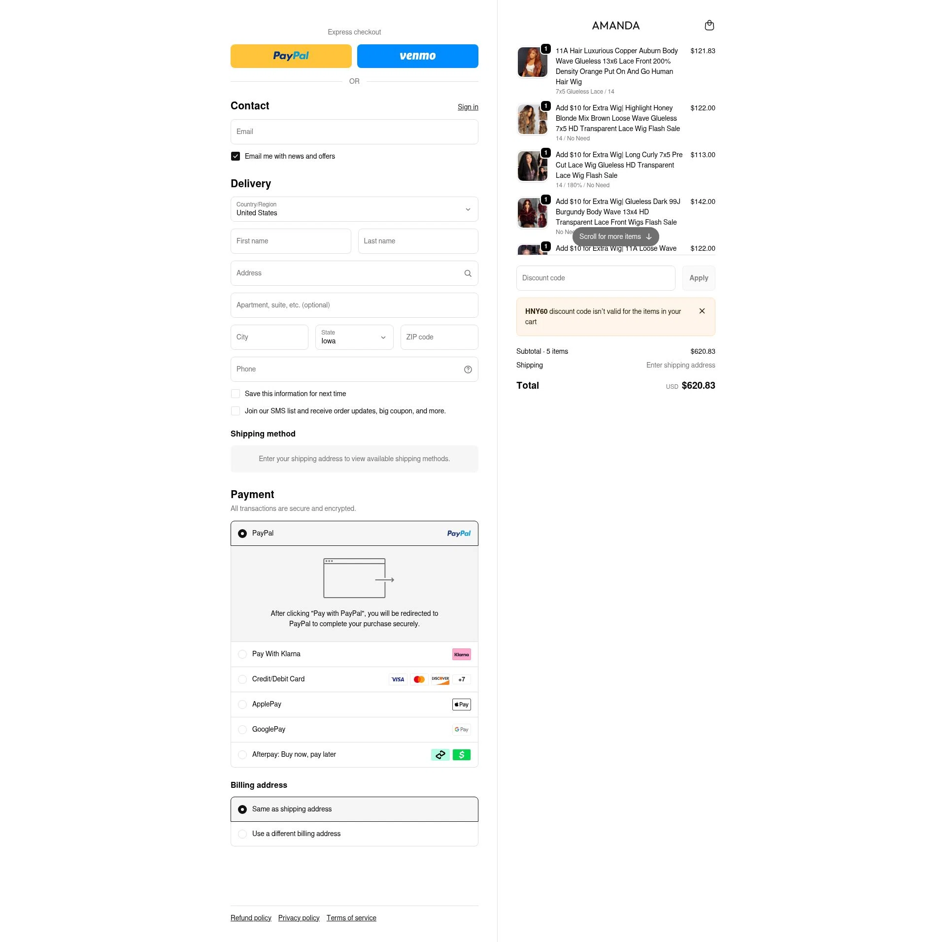 amandahairs checkout page showing amandahairs discount code box | Screenshot taken by SimplyCodes community member on Jan 10, 2026