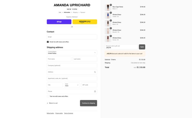 Amanda Uprichard checkout page showing Amanda Uprichard discount code box | Screenshot taken by SimplyCodes community member on Aug 28, 2025