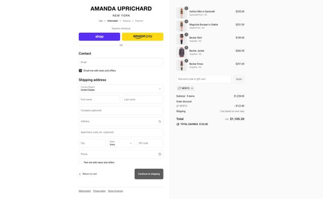 Amanda Uprichard checkout page showing Amanda Uprichard discount code box | Screenshot taken by SimplyCodes community member on Sep 14, 2025