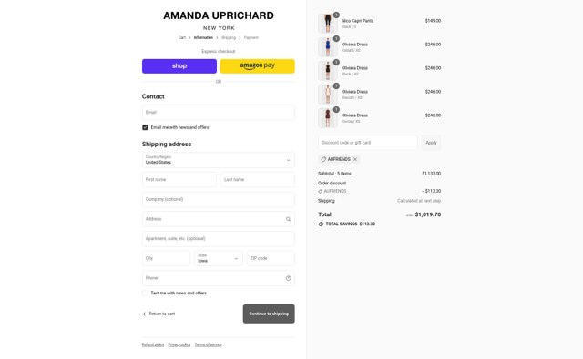 Amanda Uprichard checkout page showing Amanda Uprichard discount code box | Screenshot taken by SimplyCodes community member on Aug 28, 2025