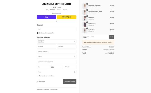 Amanda Uprichard checkout page showing Amanda Uprichard discount code box | Screenshot taken by SimplyCodes community member on Sep 14, 2025