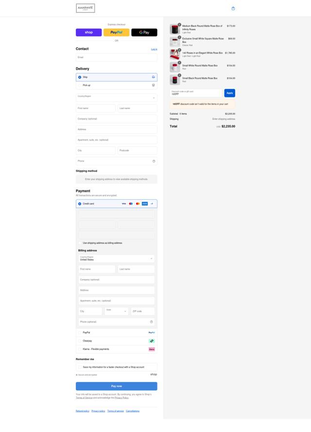 Amarante London checkout page showing Amarante London discount code box | Screenshot taken by SimplyCodes community member on Sep 6, 2025