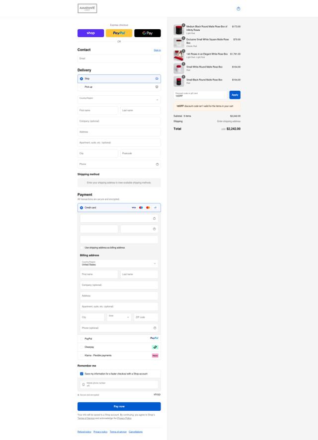Amarante London checkout page showing Amarante London discount code box | Screenshot taken by SimplyCodes community member on Sep 14, 2025