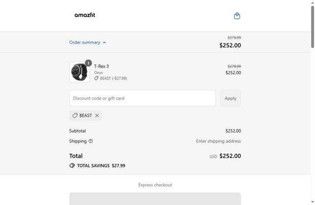 Amazfit checkout page showing Amazfit discount code box | Screenshot taken by SimplyCodes community member on Aug 29, 2025