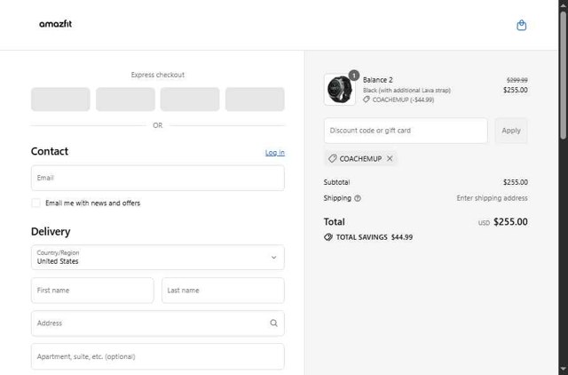 Amazfit checkout page showing Amazfit discount code box | Screenshot taken by SimplyCodes community member on Sep 1, 2025
