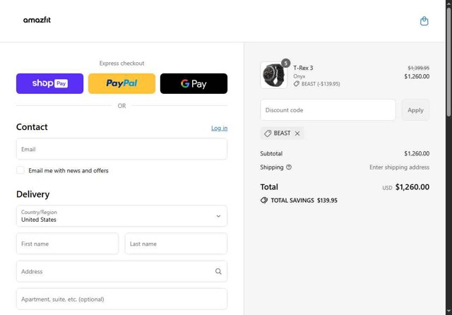 Amazfit checkout page showing Amazfit discount code box | Screenshot taken by SimplyCodes community member on Aug 13, 2025