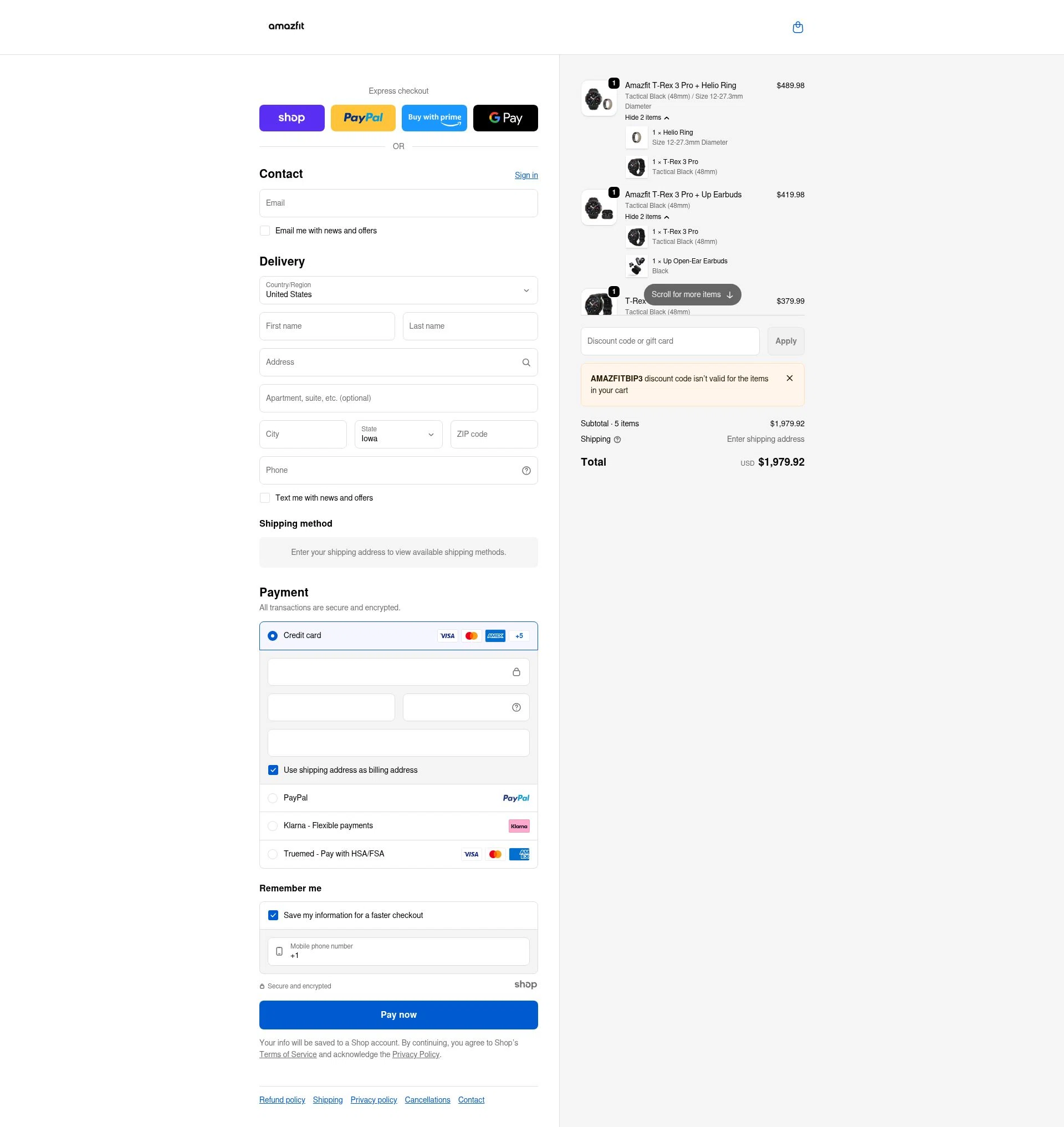 Amazfit US checkout page showing Amazfit US promo code box | Screenshot taken by SimplyCodes community member on Jan 5, 2026