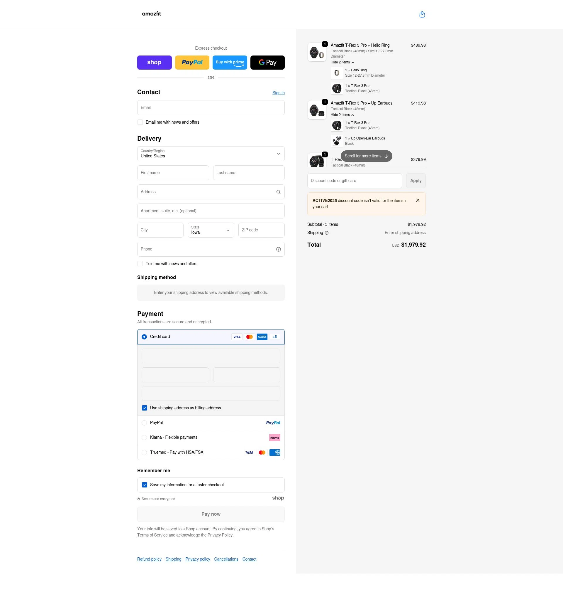 Amazfit US checkout page showing Amazfit US promo code box | Screenshot taken by SimplyCodes community member on Jan 5, 2026