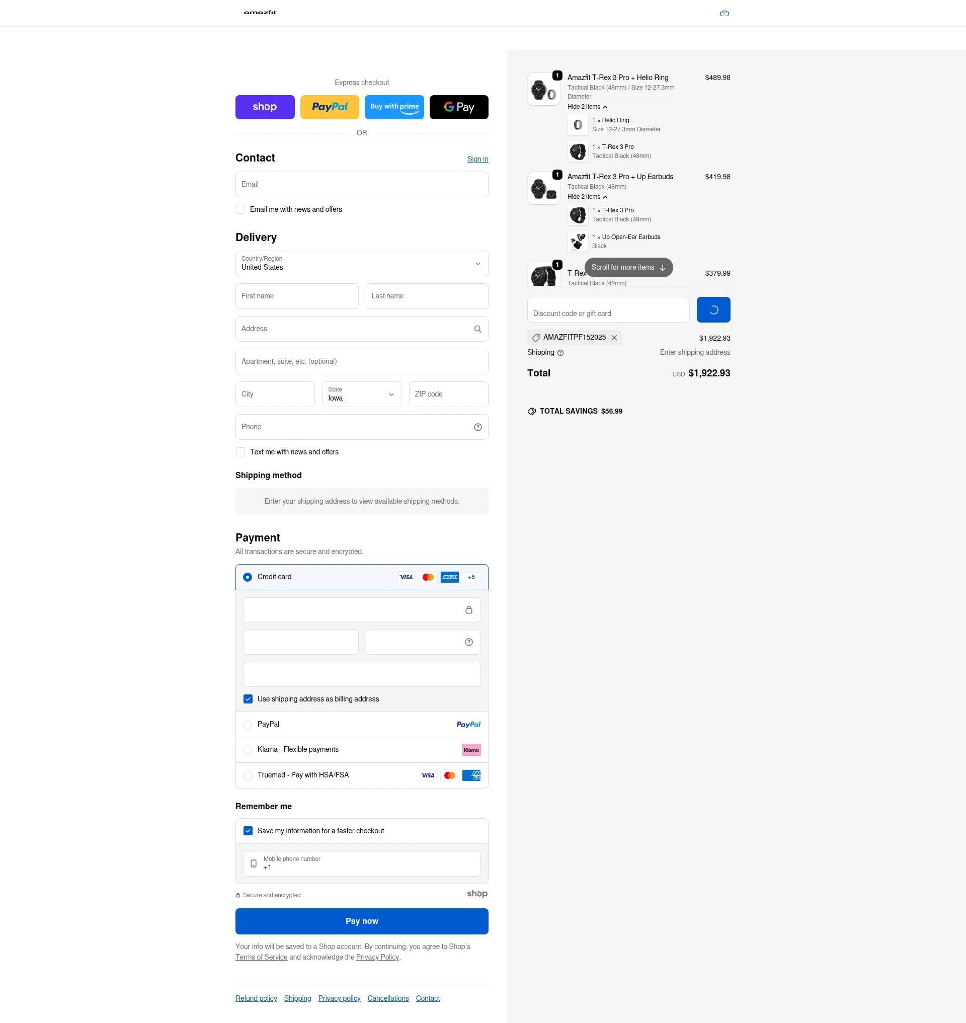 Amazfit US checkout page showing Amazfit US promo code box | Screenshot taken by SimplyCodes community member on Jan 5, 2026