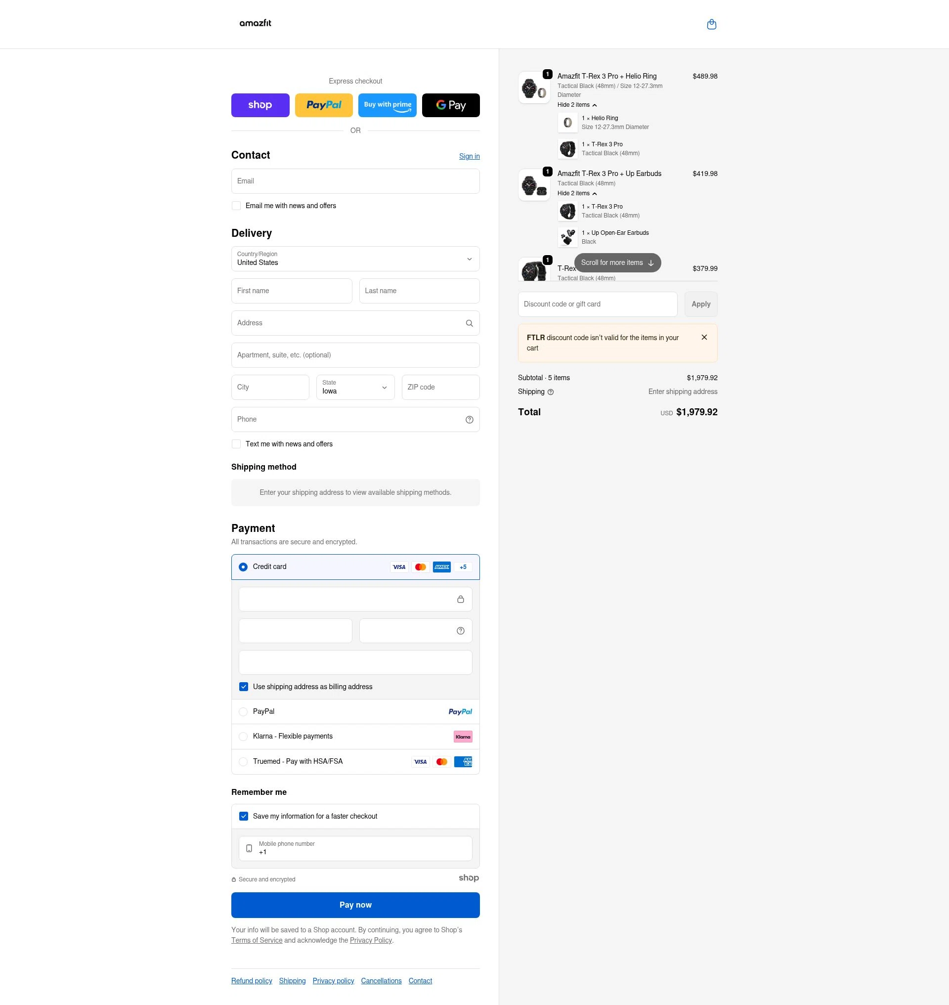 Amazfit US checkout page showing Amazfit US promo code box | Screenshot taken by SimplyCodes community member on Jan 5, 2026