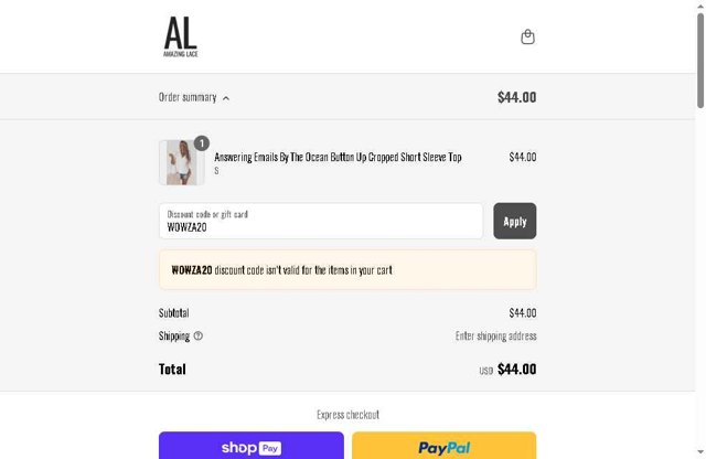 Amazing Lace checkout page showing Amazing Lace discount code box | Screenshot taken by SimplyCodes community member on Apr 21, 2025