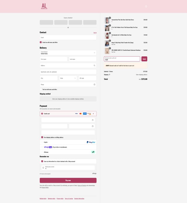 Amazing Lace checkout page showing Amazing Lace discount code box | Screenshot taken by SimplyCodes community member on Apr 27, 2025