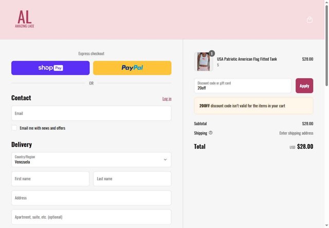 Amazing Lace checkout page showing Amazing Lace discount code box | Screenshot taken by SimplyCodes community member on Apr 28, 2025