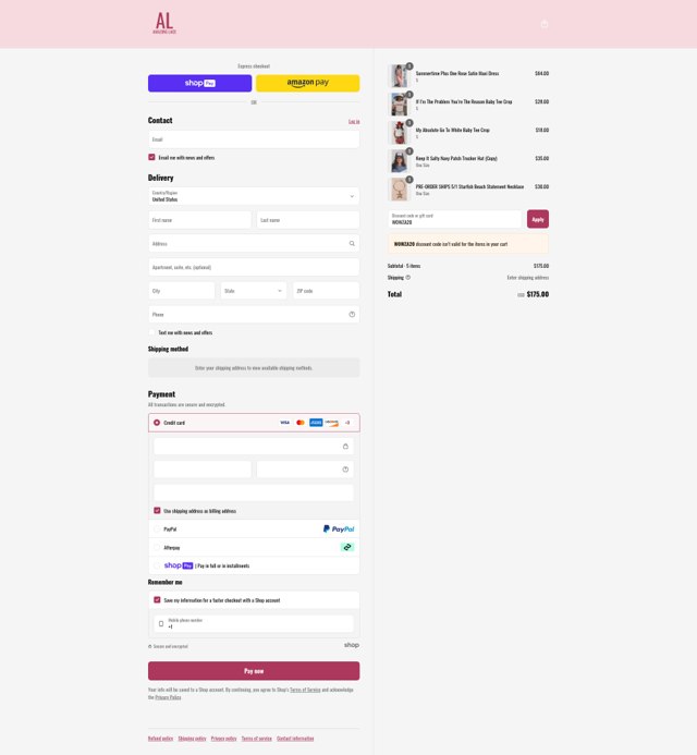 Amazing Lace checkout page showing Amazing Lace discount code box | Screenshot taken by SimplyCodes community member on Apr 27, 2025