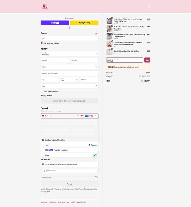 Amazing Lace checkout page showing Amazing Lace discount code box | Screenshot taken by SimplyCodes community member on Jun 11, 2025