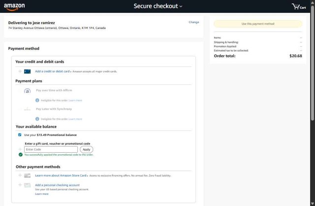 Amazon checkout page showing Amazon promo code box | Screenshot taken by SimplyCodes community member on Aug 28, 2025