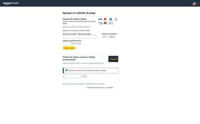 Amazon Music checkout page showing Amazon Music promo code box | Screenshot taken by SimplyCodes community member on Jul 10, 2025