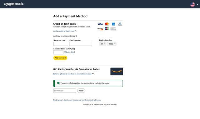Amazon Music checkout page showing Amazon Music promo code box | Screenshot taken by SimplyCodes community member on Jun 20, 2025